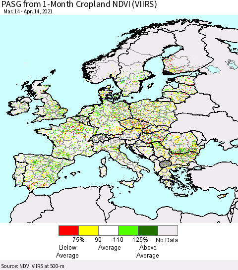 Europe PASG from 1-Month Cropland NDVI (VIIRS) Thematic Map For 4/7/2021 - 4/14/2021