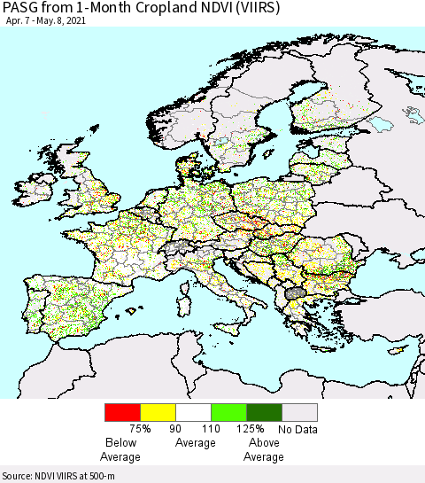 Europe PASG from 1-Month Cropland NDVI (VIIRS) Thematic Map For 5/1/2021 - 5/8/2021