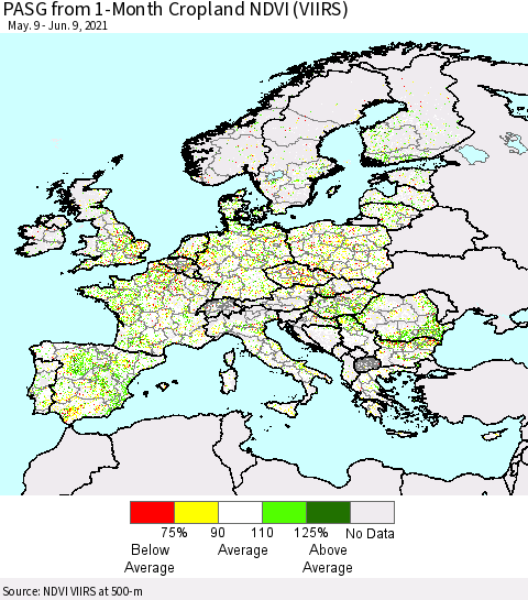 Europe PASG from 1-Month Cropland NDVI (VIIRS) Thematic Map For 6/2/2021 - 6/9/2021