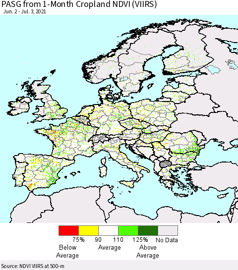 Europe PASG from 1-Month Cropland NDVI (VIIRS) Thematic Map For 6/26/2021 - 7/3/2021