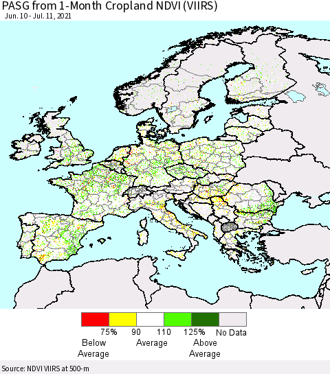 Europe PASG from 1-Month Cropland NDVI (VIIRS) Thematic Map For 7/4/2021 - 7/11/2021
