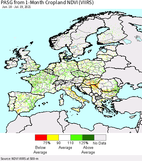Europe PASG from 1-Month Cropland NDVI (VIIRS) Thematic Map For 7/12/2021 - 7/19/2021