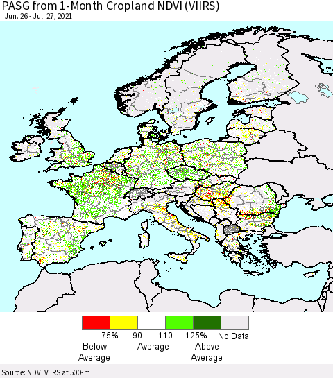 Europe PASG from 1-Month Cropland NDVI (VIIRS) Thematic Map For 7/20/2021 - 7/27/2021