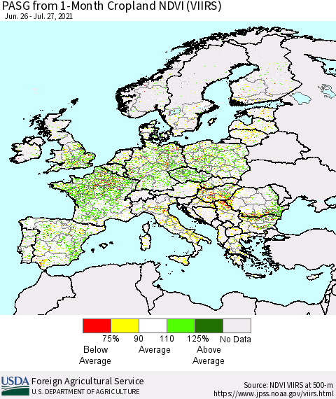 Europe PASG from 1-Month Cropland NDVI (VIIRS) Thematic Map For 7/21/2021 - 7/31/2021
