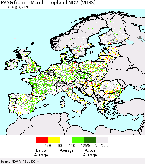 Europe PASG from 1-Month Cropland NDVI (VIIRS) Thematic Map For 7/28/2021 - 8/4/2021
