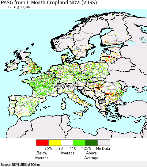 Europe PASG from 1-Month Cropland NDVI (VIIRS) Thematic Map For 8/5/2021 - 8/12/2021