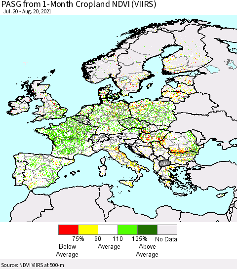 Europe PASG from 1-Month Cropland NDVI (VIIRS) Thematic Map For 8/13/2021 - 8/20/2021