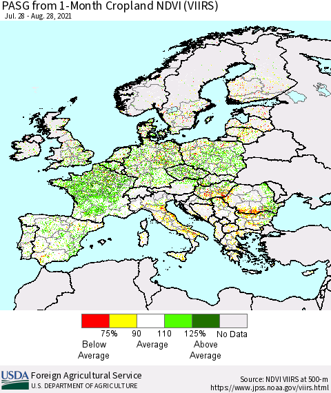Europe PASG from 1-Month Cropland NDVI (VIIRS) Thematic Map For 8/21/2021 - 8/31/2021