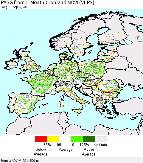 Europe PASG from 1-Month Cropland NDVI (VIIRS) Thematic Map For 8/29/2021 - 9/5/2021