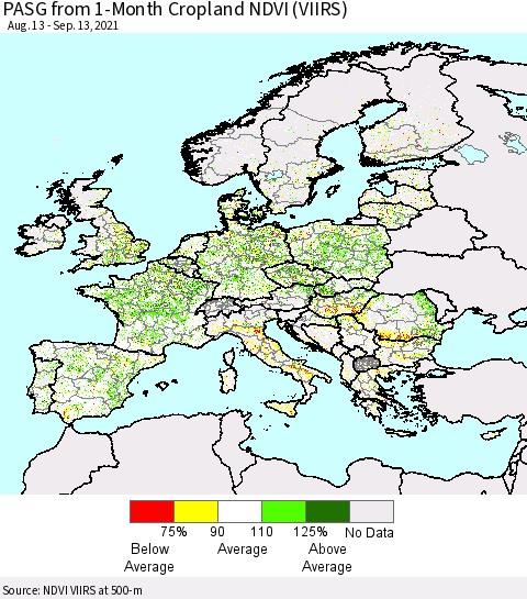 Europe PASG from 1-Month Cropland NDVI (VIIRS) Thematic Map For 9/6/2021 - 9/13/2021