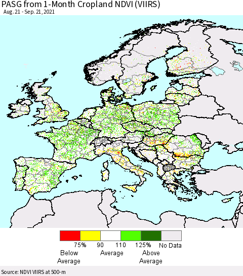 Europe PASG from 1-Month Cropland NDVI (VIIRS) Thematic Map For 9/14/2021 - 9/21/2021