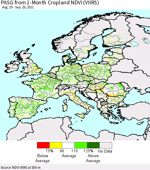 Europe PASG from 1-Month Cropland NDVI (VIIRS) Thematic Map For 9/22/2021 - 9/29/2021