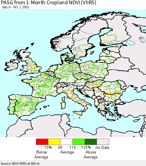 Europe PASG from 1-Month Cropland NDVI (VIIRS) Thematic Map For 9/30/2021 - 10/7/2021