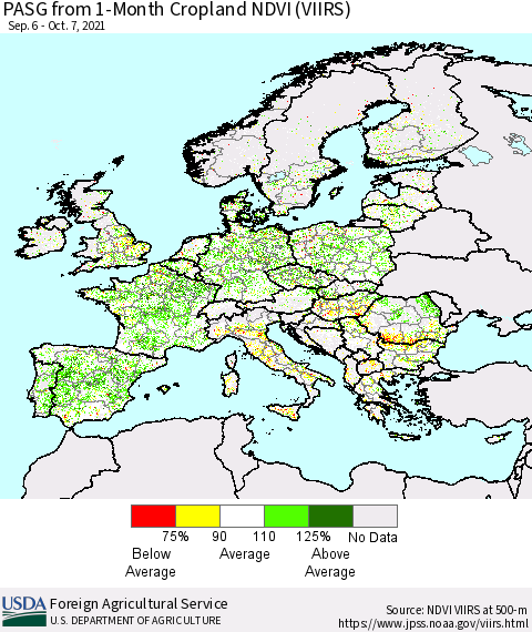 Europe PASG from 1-Month Cropland NDVI (VIIRS) Thematic Map For 10/1/2021 - 10/10/2021