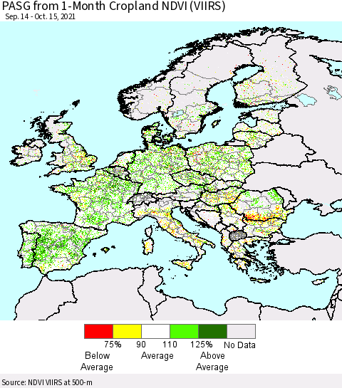 Europe PASG from 1-Month Cropland NDVI (VIIRS) Thematic Map For 10/8/2021 - 10/15/2021