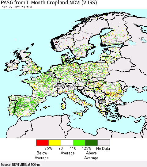 Europe PASG from 1-Month Cropland NDVI (VIIRS) Thematic Map For 10/16/2021 - 10/23/2021