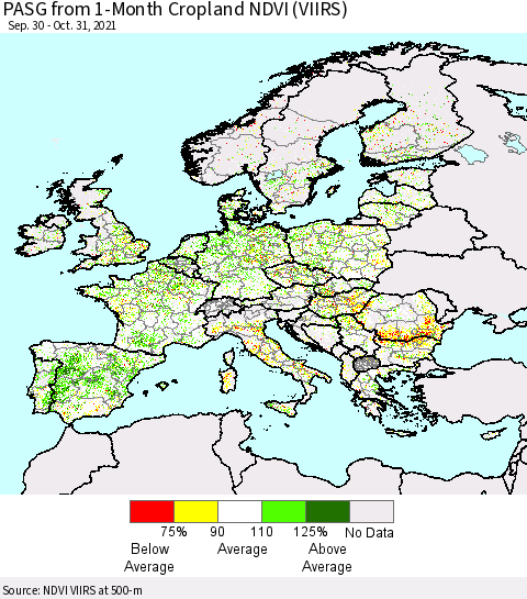 Europe PASG from 1-Month Cropland NDVI (VIIRS) Thematic Map For 10/24/2021 - 10/31/2021