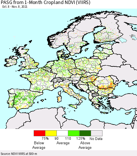 Europe PASG from 1-Month Cropland NDVI (VIIRS) Thematic Map For 11/1/2021 - 11/8/2021