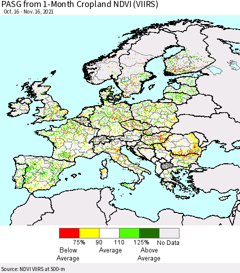 Europe PASG from 1-Month Cropland NDVI (VIIRS) Thematic Map For 11/9/2021 - 11/16/2021