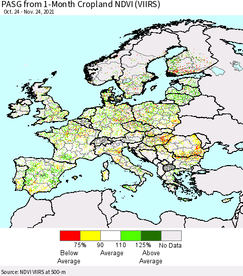 Europe PASG from 1-Month Cropland NDVI (VIIRS) Thematic Map For 11/17/2021 - 11/24/2021