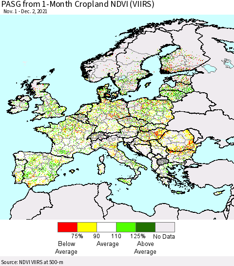 Europe PASG from 1-Month Cropland NDVI (VIIRS) Thematic Map For 11/25/2021 - 12/2/2021