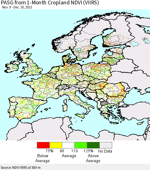 Europe PASG from 1-Month Cropland NDVI (VIIRS) Thematic Map For 12/3/2021 - 12/10/2021