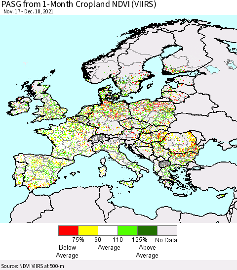 Europe PASG from 1-Month Cropland NDVI (VIIRS) Thematic Map For 12/11/2021 - 12/18/2021