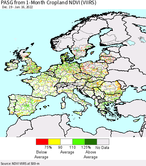 Europe PASG from 1-Month Cropland NDVI (VIIRS) Thematic Map For 1/9/2022 - 1/16/2022