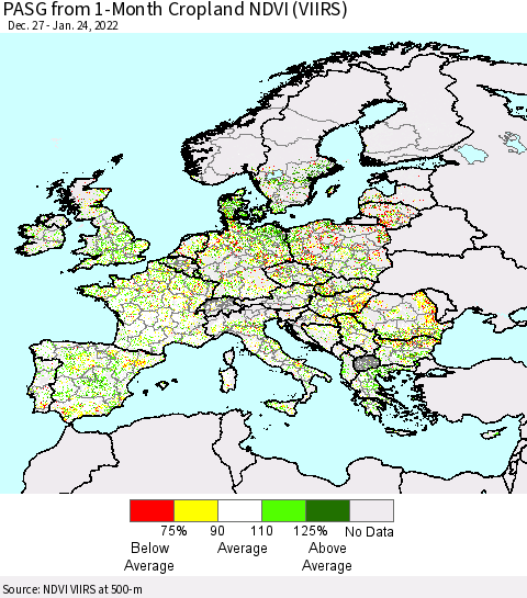 Europe PASG from 1-Month Cropland NDVI (VIIRS) Thematic Map For 1/17/2022 - 1/24/2022