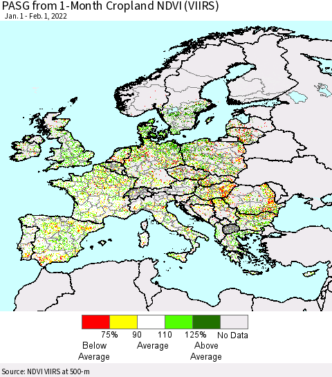 Europe PASG from 1-Month Cropland NDVI (VIIRS) Thematic Map For 1/25/2022 - 2/1/2022