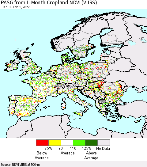Europe PASG from 1-Month Cropland NDVI (VIIRS) Thematic Map For 2/2/2022 - 2/9/2022