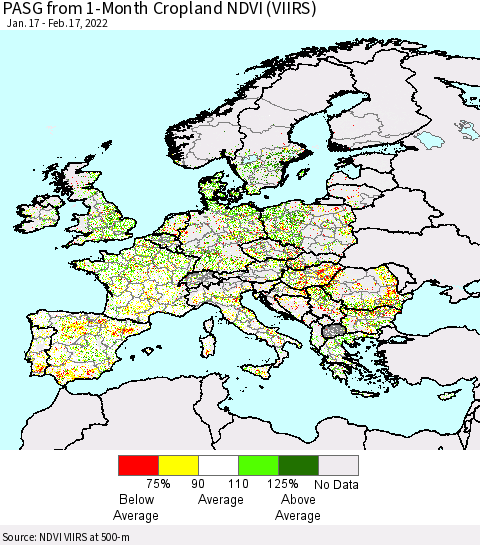 Europe PASG from 1-Month Cropland NDVI (VIIRS) Thematic Map For 2/10/2022 - 2/17/2022