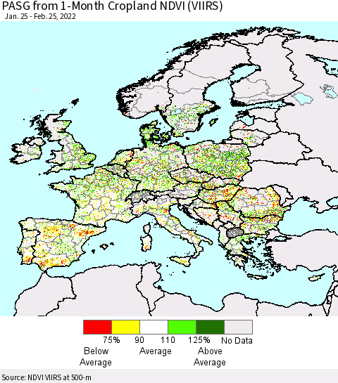Europe PASG from 1-Month Cropland NDVI (VIIRS) Thematic Map For 2/18/2022 - 2/25/2022