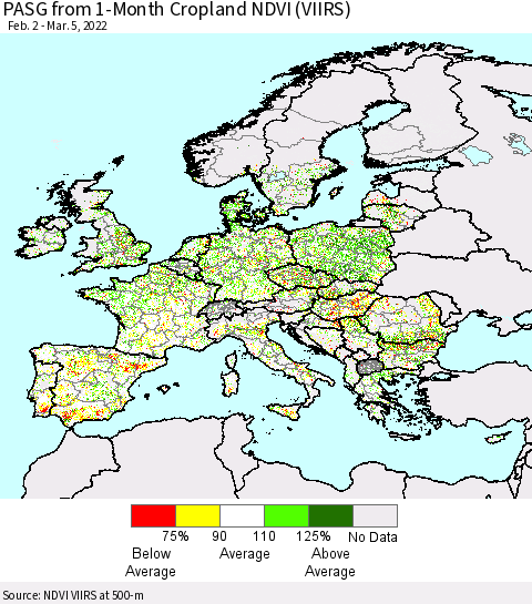 Europe PASG from 1-Month Cropland NDVI (VIIRS) Thematic Map For 2/26/2022 - 3/5/2022