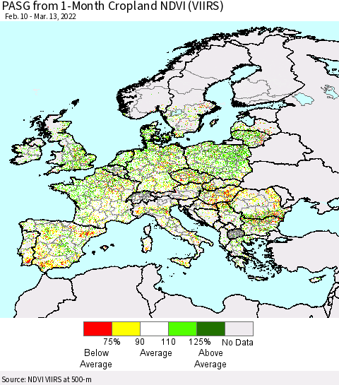 Europe PASG from 1-Month Cropland NDVI (VIIRS) Thematic Map For 3/6/2022 - 3/13/2022