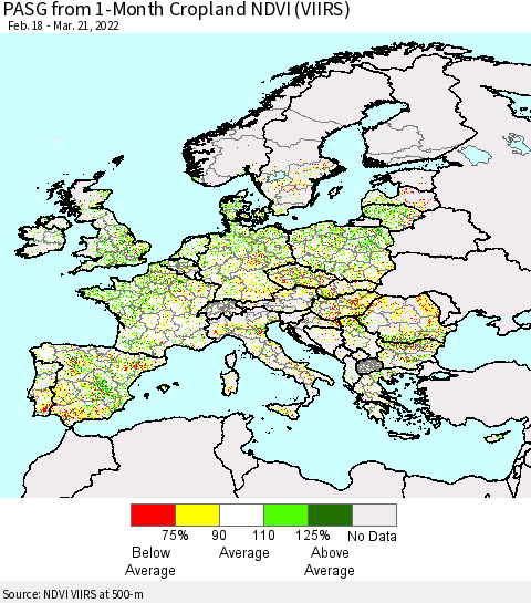 Europe PASG from 1-Month Cropland NDVI (VIIRS) Thematic Map For 3/14/2022 - 3/21/2022