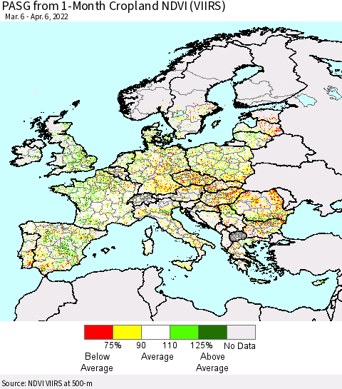 Europe PASG from 1-Month Cropland NDVI (VIIRS) Thematic Map For 3/30/2022 - 4/6/2022