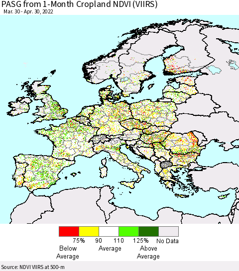 Europe PASG from 1-Month Cropland NDVI (VIIRS) Thematic Map For 4/23/2022 - 4/30/2022