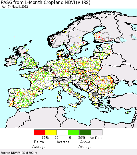 Europe PASG from 1-Month Cropland NDVI (VIIRS) Thematic Map For 5/1/2022 - 5/8/2022