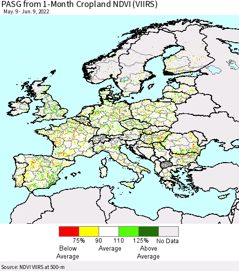 Europe PASG from 1-Month Cropland NDVI (VIIRS) Thematic Map For 6/2/2022 - 6/9/2022