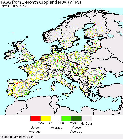 Europe PASG from 1-Month Cropland NDVI (VIIRS) Thematic Map For 6/10/2022 - 6/17/2022