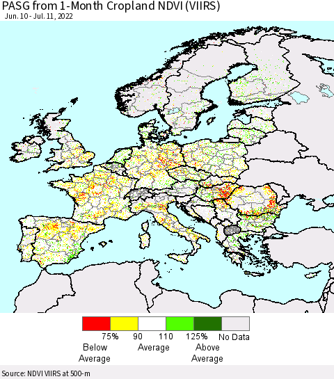 Europe PASG from 1-Month Cropland NDVI (VIIRS) Thematic Map For 7/4/2022 - 7/11/2022