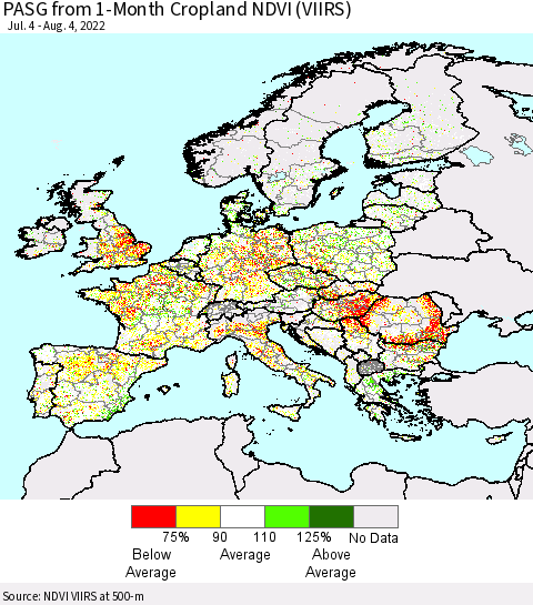 Europe PASG from 1-Month Cropland NDVI (VIIRS) Thematic Map For 7/28/2022 - 8/4/2022