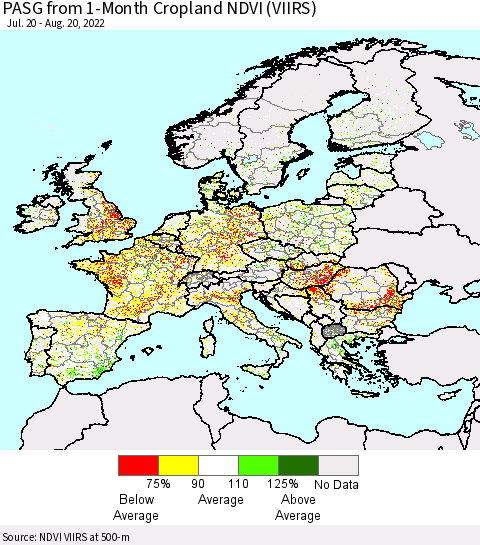 Europe PASG from 1-Month Cropland NDVI (VIIRS) Thematic Map For 8/13/2022 - 8/20/2022