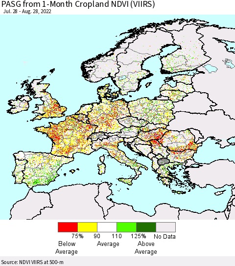 Europe PASG from 1-Month Cropland NDVI (VIIRS) Thematic Map For 8/21/2022 - 8/28/2022