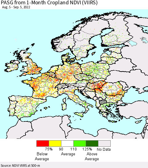 Europe PASG from 1-Month Cropland NDVI (VIIRS) Thematic Map For 8/29/2022 - 9/5/2022