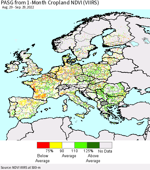 Europe PASG from 1-Month Cropland NDVI (VIIRS) Thematic Map For 9/22/2022 - 9/29/2022