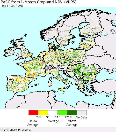 Europe PASG from 1-Month Cropland NDVI (VIIRS) Thematic Map For 9/30/2022 - 10/7/2022
