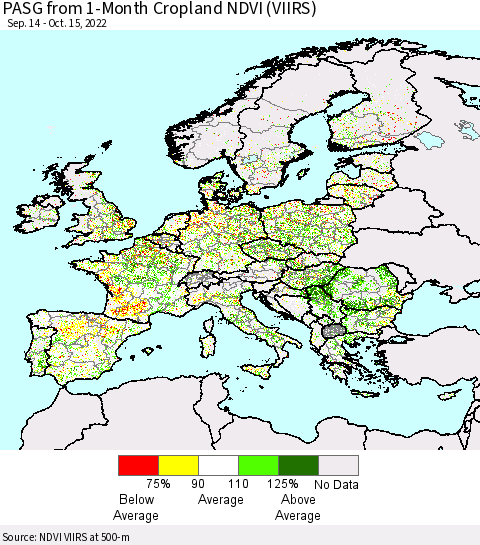 Europe PASG from 1-Month Cropland NDVI (VIIRS) Thematic Map For 10/8/2022 - 10/15/2022