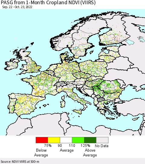 Europe PASG from 1-Month Cropland NDVI (VIIRS) Thematic Map For 10/16/2022 - 10/23/2022